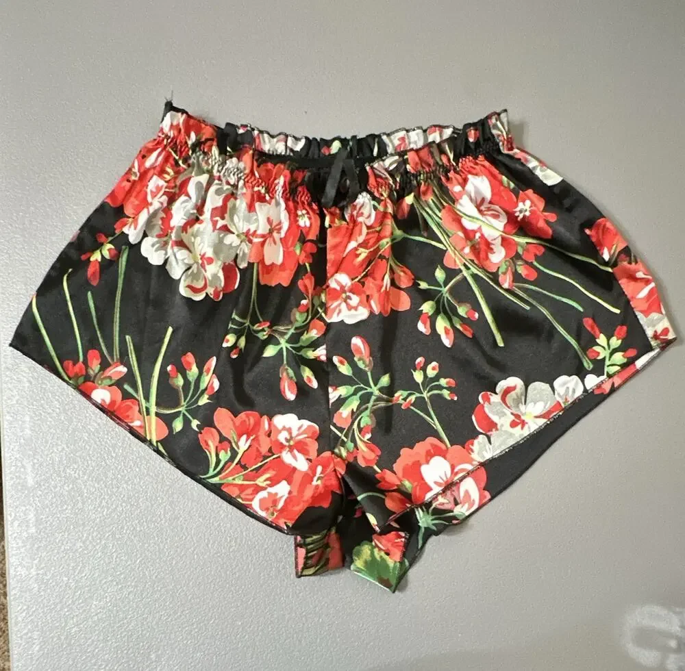 Women’s Floral Sleep Shorts Black Red White Green 1XL Elastic Waist silky-feel